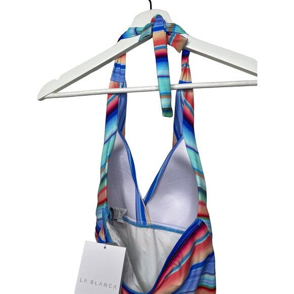 La Blanca Slimming Halter Tankini Top Women’s Size 2 Blue Red Striped - Picture 8 of 13